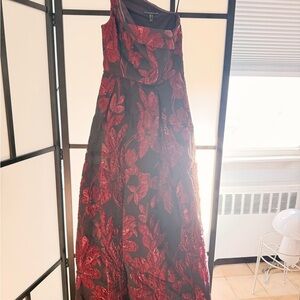 Aidan Mattox Black Gown with Red Floral Jacquard
